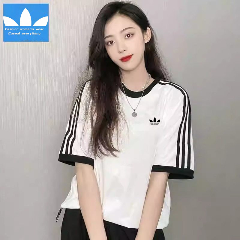 品牌三条杠运动服短袖T恤女纯棉刺绣圆领休闲宽松情侣跑步上衣男