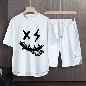 小恶魔印花短袖t恤男夏季潮牌宽松短裤篮球服一套华夫格休闲套装