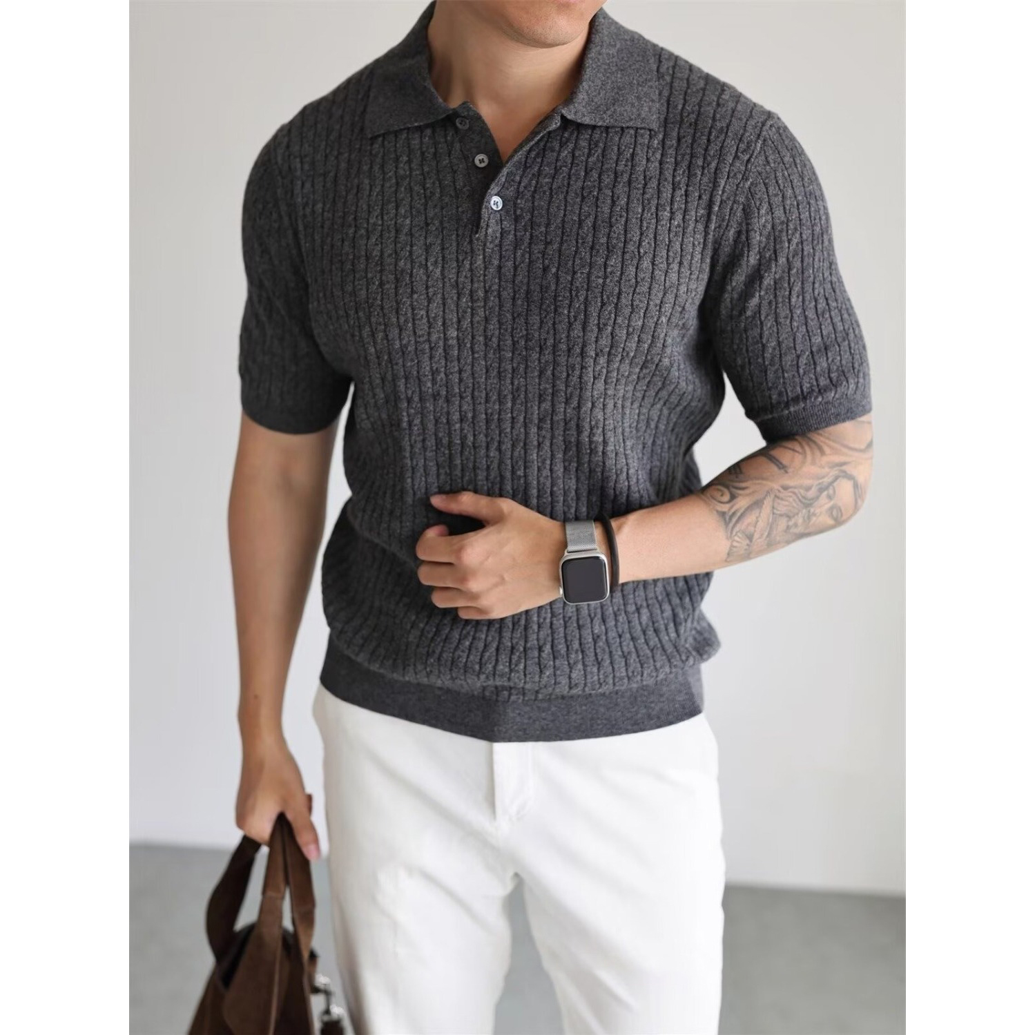 灰色麻花短袖针织POLO衫男夏季美式健身修身弹力t恤翻领复古上衣