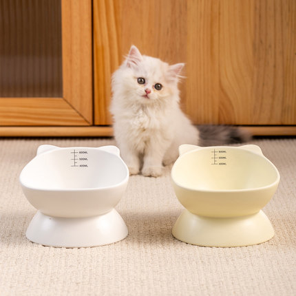 创意纯色猫脸高脚陶瓷碗带刻度宠物碗倾斜猫碗狗碗防打翻水碗护颈