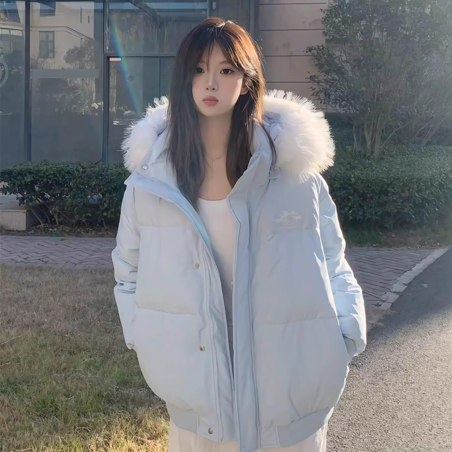 韩系奶蓝色羽绒棉服女2025冬季新款加厚大毛领派克服棉衣棉袄外套