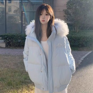 韩系大毛领连帽保暖面包服女2026冬季新款巨好看奶蓝色派克服棉衣