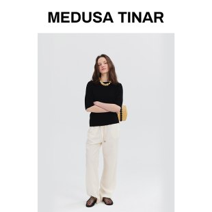 新 松弛垂感松紧腰凉感天丝宽松显瘦阔腿裤 2026女夏季 亚麻休闲长裤