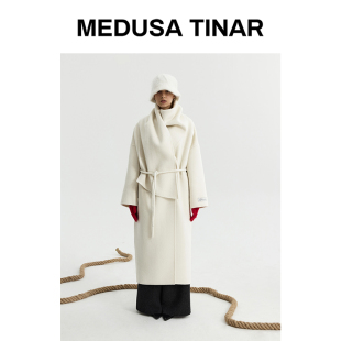 静奢风宽松慵懒毛呢外套艺术围脖领设计手缝双面呢羊毛大衣2026新