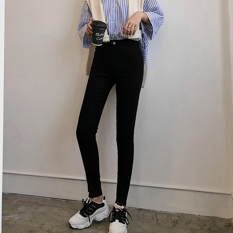 黑色小脚裤学生单扣外穿薄款打底裤弹力紧身裤子女高腰长裤春秋