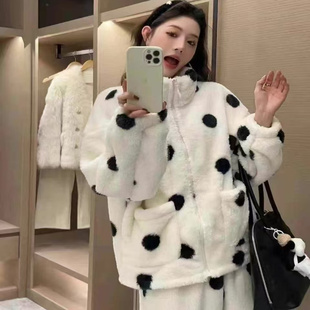 柔柔家实拍波点睡衣女士加厚保暖居家服套装拉链设计长袖79