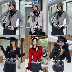 柔柔家时髦撞色假三件拼接毛毛长袖开衫百搭显瘦小衫上衣120038