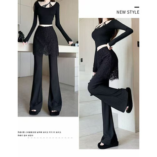 长裤 女2026春高腰显瘦休闲裤 650 黑色微喇裤 柔柔家蕾丝拼接屁帘裤