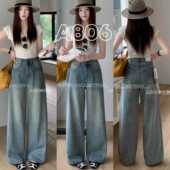A806 高腰显瘦休闲拖地阔腿裤 柔柔家满天星亮钻牛仔裤 女2026春季