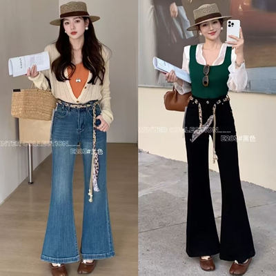 春季弹力高腰显瘦微喇牛仔裤女