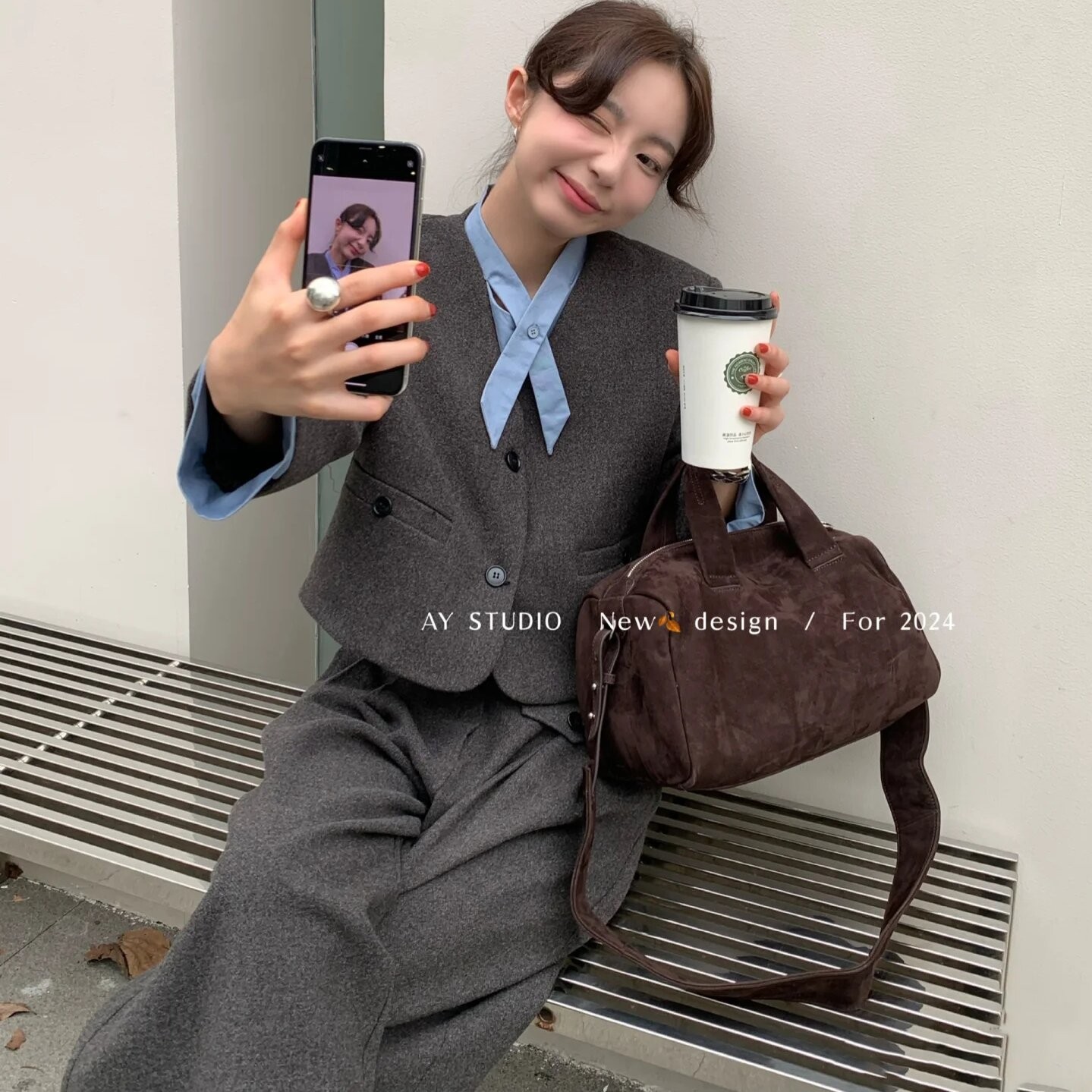 柔柔家西装款宽松拼接衬衫夹棉外套高腰显瘦直筒裤秋冬套装7869