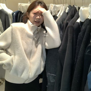 【Hers】韩标 毛茸茸针织立领拼接毛衣女2025冬季休闲外套92660