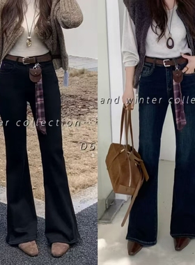 柔柔家实拍加绒喇叭裤2025秋季新款修身显瘦弹力微喇牛仔裤6915