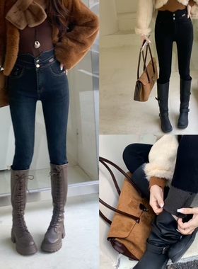 柔柔家小个子实拍加绒加厚小脚裤女秋冬高腰弹力显瘦牛仔裤D6979