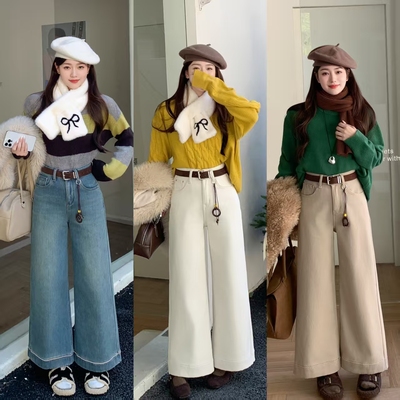 柔柔家巨厚保暖加绒阔腿裤