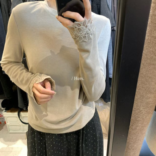 上衣女2025冬休闲显瘦打底衫 家实拍白色磨毛蕾丝袖 92584 Hers