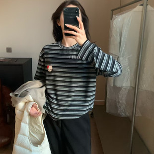 Hers家实拍kitty条纹长袖T恤女2025冬季宽松休闲韩系上衣女92455