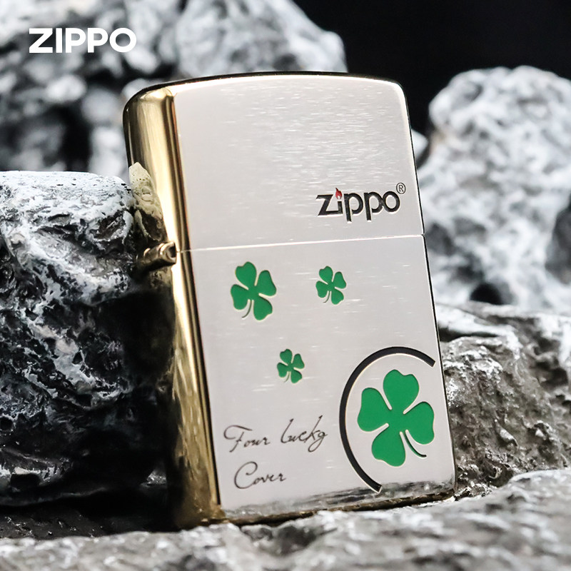 zippo正品防风煤油打火机侧镀金幸运四叶草礼物