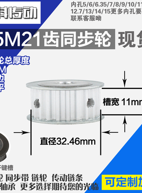铝合金同步轮P-AF-S5M21齿 外径32.46 带宽W1 1mm 圆孔顶丝