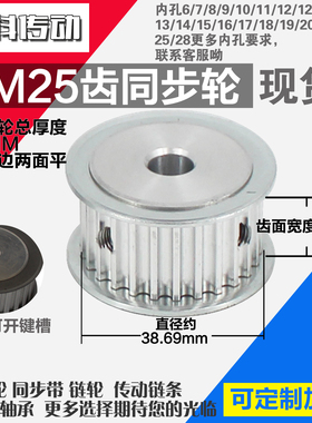 劲科铝合金同步轮HTD5M25齿 AF型 直径38.69 带宽2 1mm圆孔带顶丝