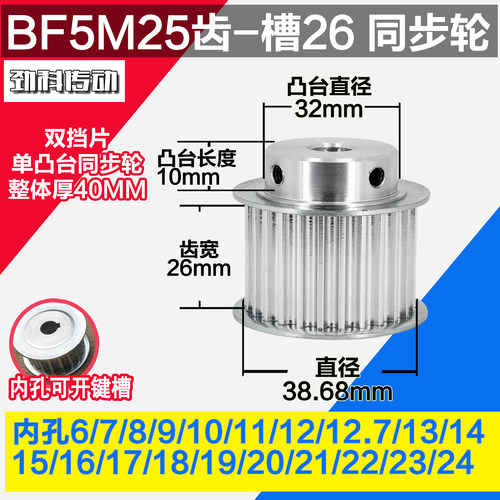 劲科铝同步轮 BF型5M25齿  直径38.68 槽宽2 6 凸台直径3 2长1 0