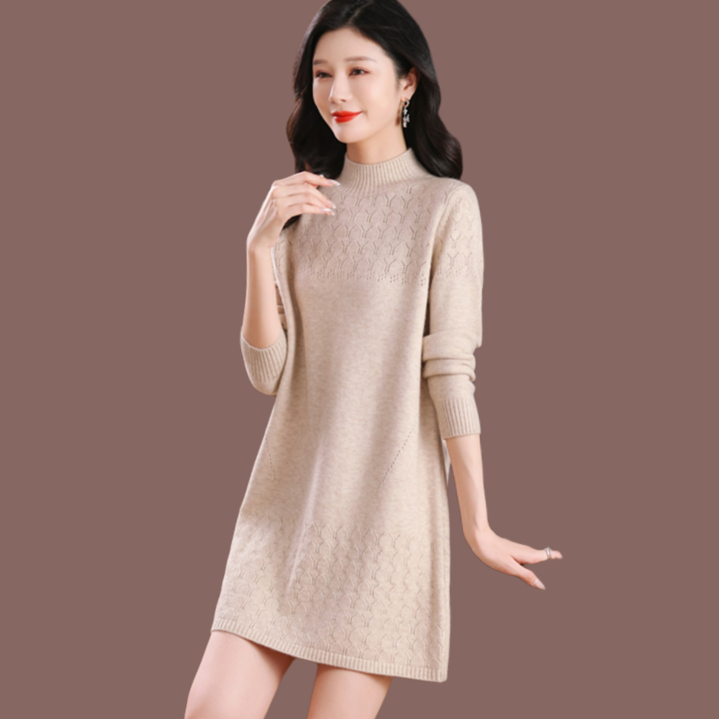 恒源祥半高领羊毛衫女中长款毛衣