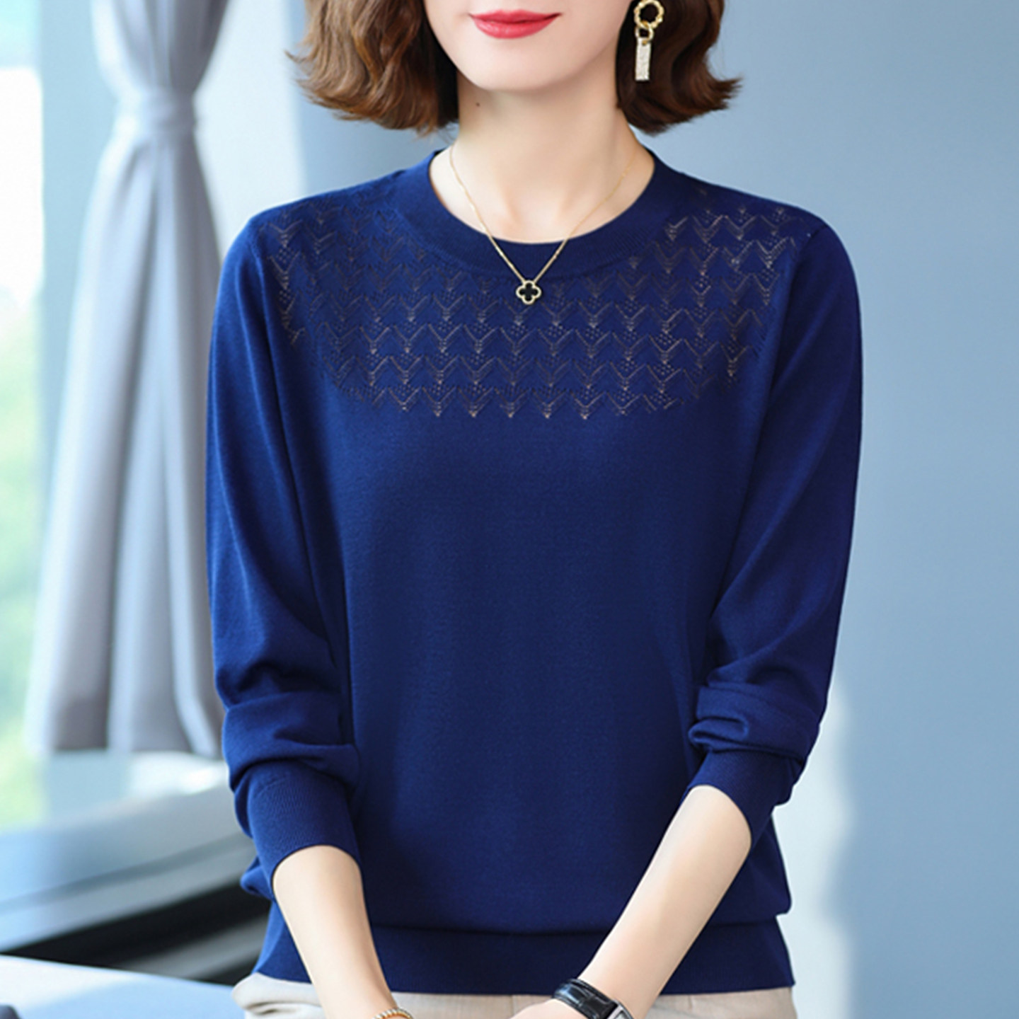 恒源祥桑蚕丝镂空针织衫女长袖t恤薄款中年妈妈春秋百搭打底衫