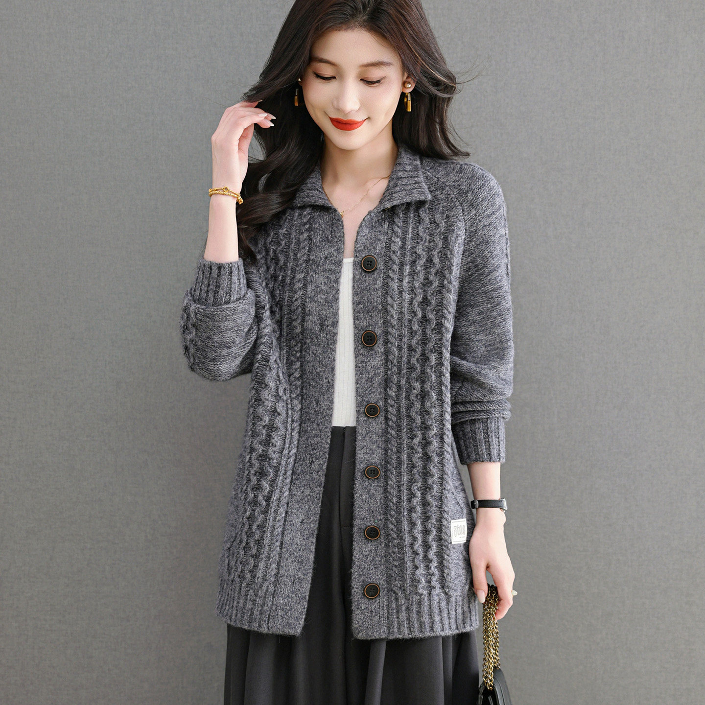 恒源祥立领羊毛衫女中长款针织开衫2026春秋新款麻花外搭毛衣外套