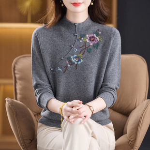 恒源祥100纯羊毛衫女半高领刺绣套头毛衣秋冬新款中国风打底上衣