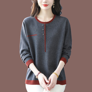 恒源祥圆领毛衣女秋冬新款宽松撞色拼接加厚针织衫大码洋气羊毛衫