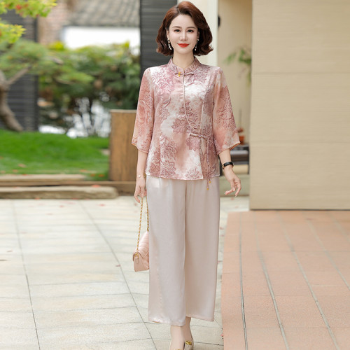 恒源祥真丝新中式妈妈立领T恤