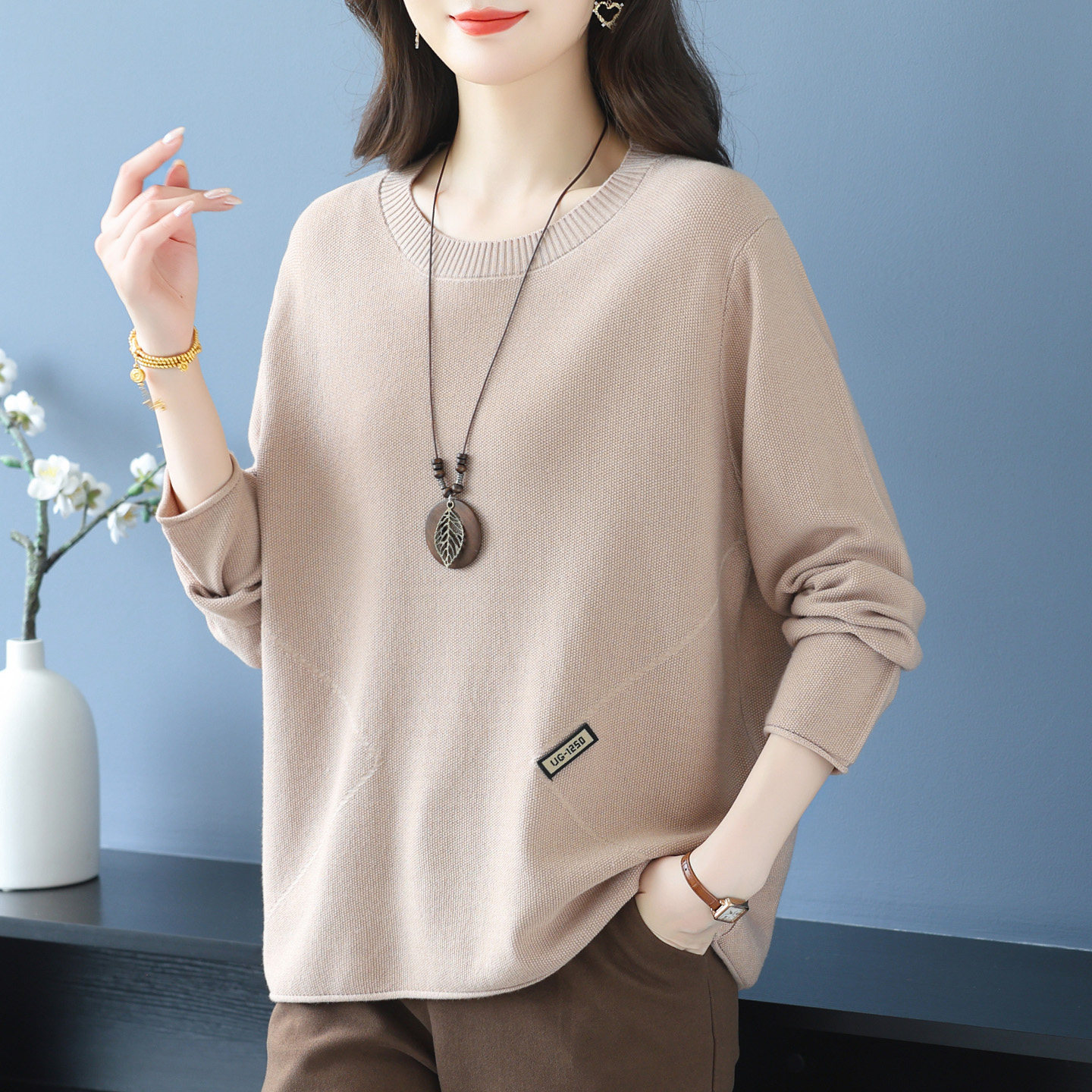 恒源祥圆领羊毛衫女套头毛衣秋冬宽松遮肚针织衫大码百搭薄款上衣