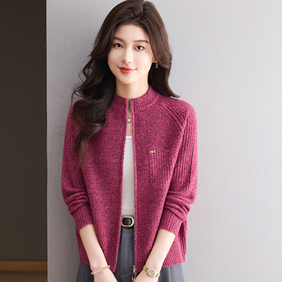 恒源祥立领拉链羊毛针织开衫女短款2025初春新款外搭宽松毛衣外套