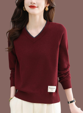 恒源祥V领羊绒毛衣女2025秋冬新款本命年红色打底针织衫加厚上衣