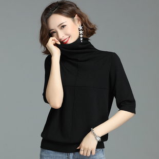 高端羊绒衫女短袖t恤早秋新款薄款针织毛衣宽松中袖高领打底衫