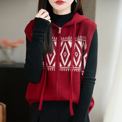 恒源祥羊毛连帽拉链提花马甲女