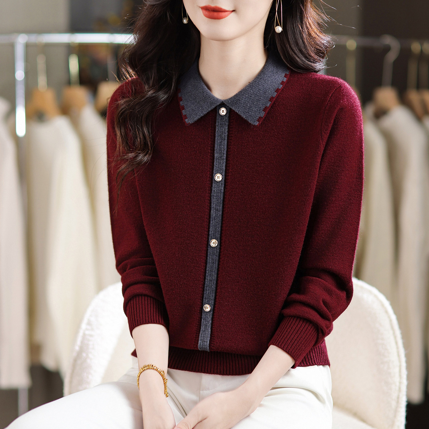 恒源祥长袖t恤女羊毛针织衫2026春秋新款宽松上衣翻领薄款打底衫