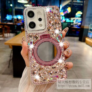 适用于opporeno14手机壳新款 奢华高级感潮女 reno15pro硅胶软壳全包镜头防摔reno14补妆镜子支架钻带挂绳时尚