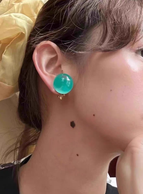 颜色太美啦蓝绿果冻球球耳钉耳夹小众设计感轻奢耳环独特2025新款