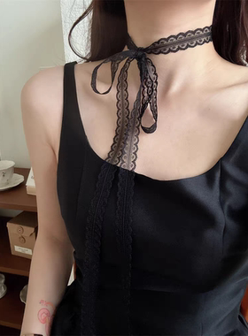弹力蕾丝锁骨链choker长款系带防过敏颈链宽边颈带遮脖子饰品无扣