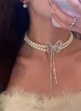 气质镂空蝴蝶珍珠项链女2024新款