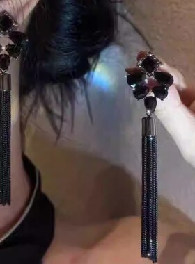 新中式夸张小众气质黑色流苏长款耳环女奢华高贵潮网红高级感耳饰