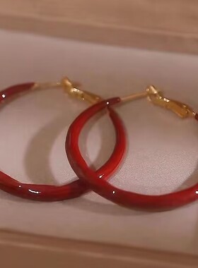 复古红色滴釉耳圈2024年新款S925纯银针秋冬精致高级感小众女耳饰