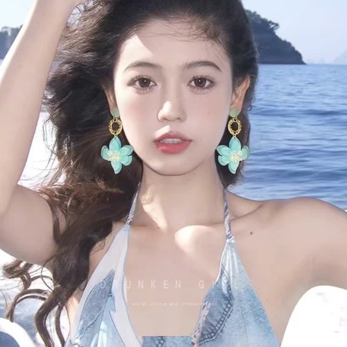 夏日蓝白醋酸花朵流苏耳环女高级感海边度假风气质耳钉夸张耳饰