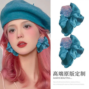 爆款 法式 氛围感蓝粉玫瑰耳钉超仙雪纺耳环小众设计感耳饰2024新款