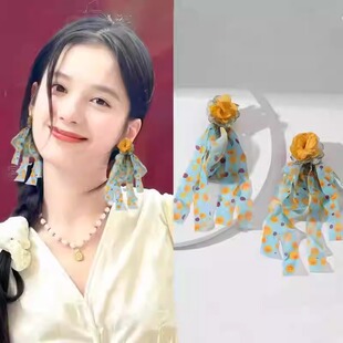 张婧仪同款 夸张气质女神范耳饰度假风耳钉 超仙雪纺耳环2024年新款