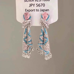 耳饰女 S925银满钻彩色丝绸耳环轻奢小众高级感耳钉民族风流苏长款