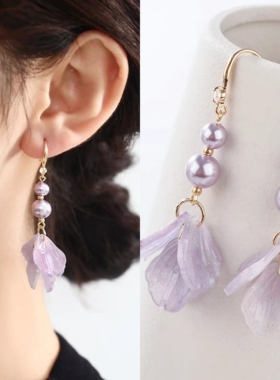 原创小众设计精致施家紫色珍珠耳环独特气质设计手工花瓣流苏耳挂