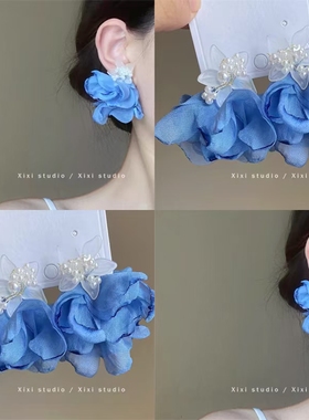 超温柔蓝色耳钉小众设计感海边度假风耳坠女超仙气质耳饰