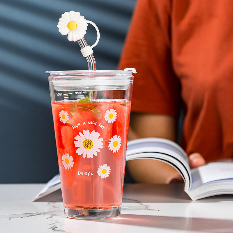 新款夏季玻璃吸管杯饮料杯带盖子刻度杯定制logo广告礼品促销水杯